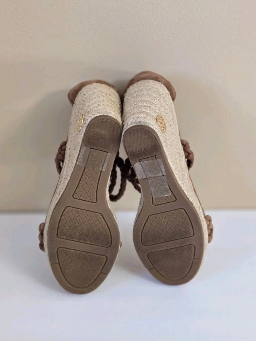 Tory Burch Bailey Suede Leather Espadrille Platform Wedge Brown 7 Ankle Straps